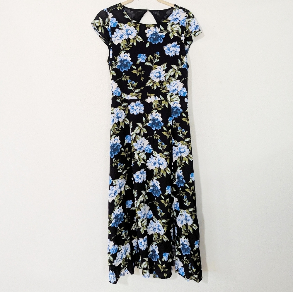 Banana Republic Ecovero Midi Dress Floral Short Sleeve Back Cutout Black Blue 6